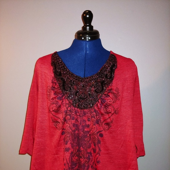 Red Embellished Neckline Tee - Picture 1 of 5